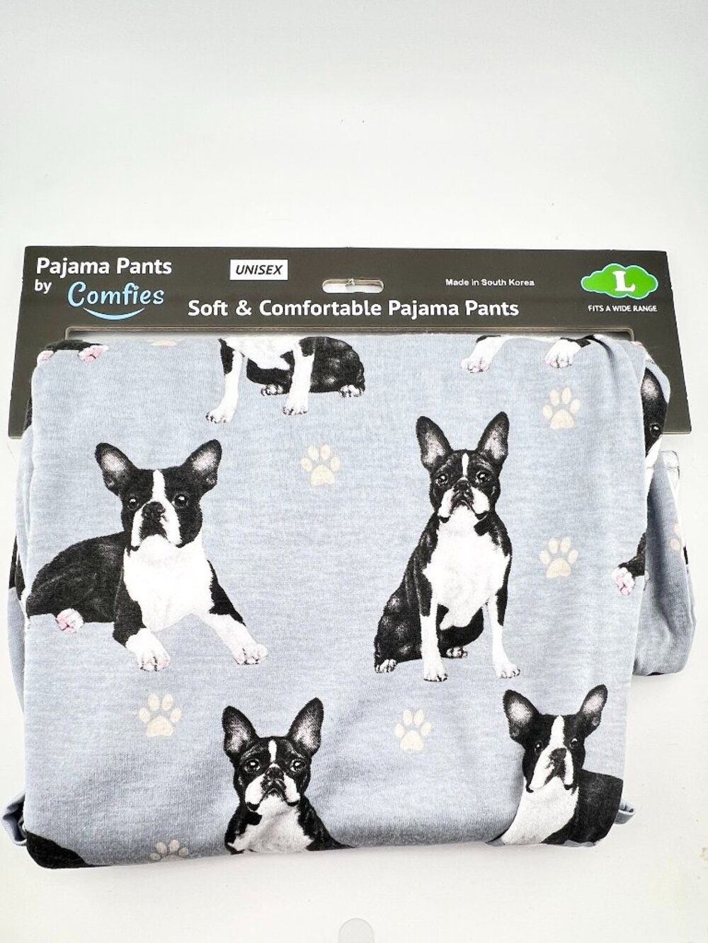 NWT Comfies Boston Terrier Pajama Pants Gray Dog Print Lounge Bottoms Unisex Lg